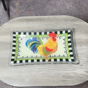 Peggy Karr Rooster Pressed Glass Tray/Plate Farmhouse Decor 10” X 5.5”